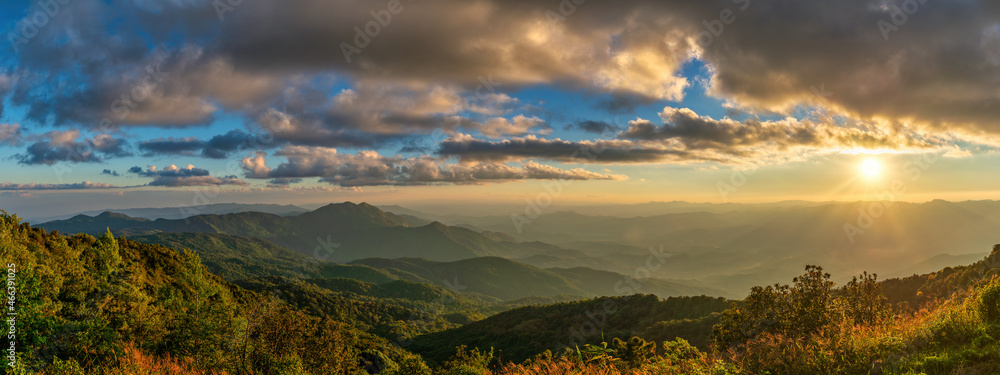 Tropical forest nature landscape sunset view with mountain range at Doi Inthanon, Chiang Mai Thailand panorama