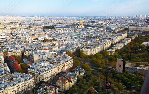 Aerial panoramic view of center of Paris on sunny day