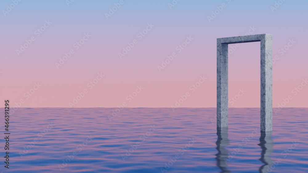 Concrete arch floating on the ocean.Abstract minimal surreal background.3d rendering illustration.