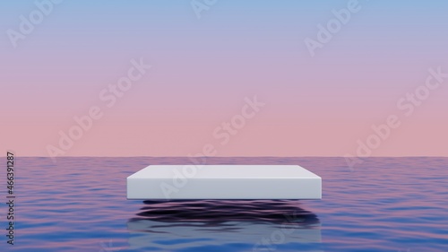 White cube podium floating above the ocean.Abstract minimal surreal background.3d rendering illustration. photo