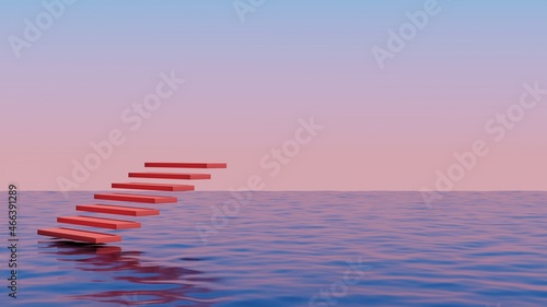 Red staircase floating above the ocean.Abstract minimal surreal background.3d rendering illustration.