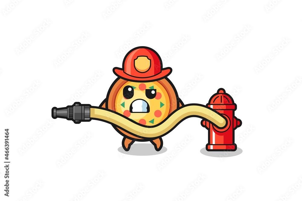 pizza cartoon as firefighter mascot with water hose