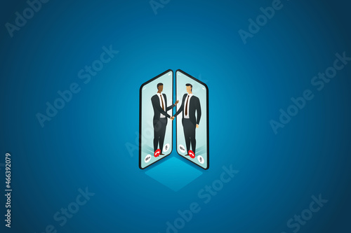Businessmen shaking hands through a smartphone screen.