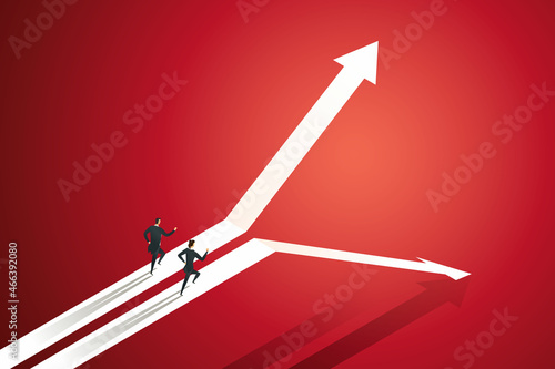 Two businessmen running on an up and down arrow graph.