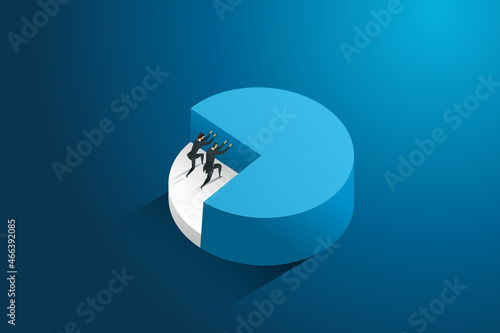Businessman and businesswoman pushing pie chart graph.