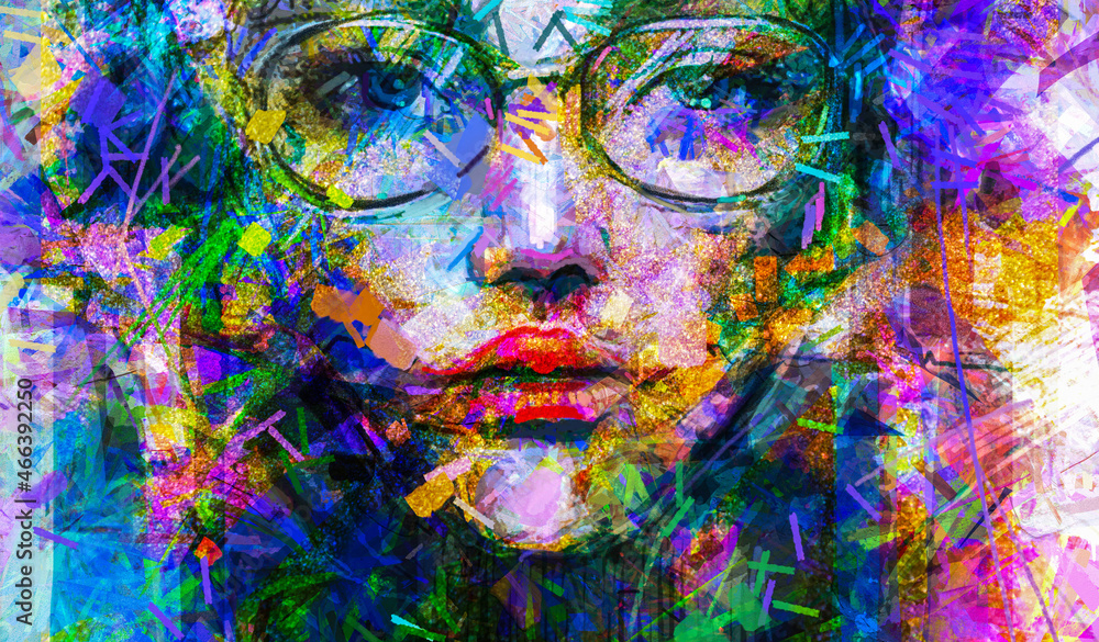 Oil or acrylic paint on canvas texture. Abstract color portrait of young  woman. Modern art, oil painting colorful female face. Illustration artwork  paint design for background, Impressionism style Stock Illustration | Adobe