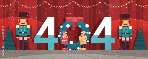 elves preparing for new year and christmas holidays celebration 404 page not found concept