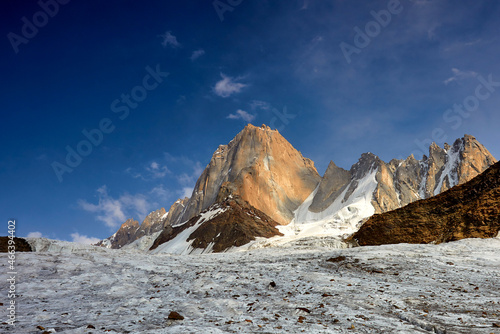 Mountains and glacier. snowy landscape peak and pass. outdoor view. Blok peak, Turkestan ridge, Kyrgyzstan