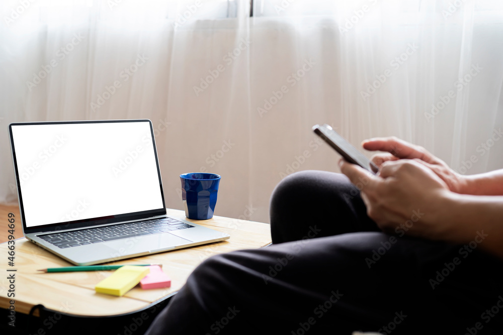 Fototapeta premium mockup image computer,cell phone blank screen for hand typing text