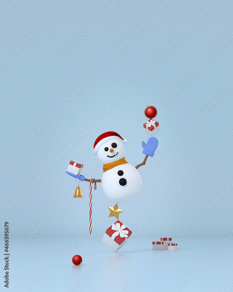 Snowman with Christmas decorations balancing on gift boxes and star.