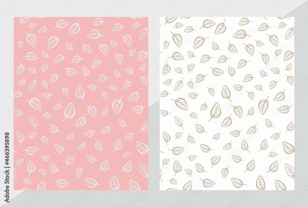 Vector spring illustration. Set of seamless patterns with pink and gold leaves. Vector floral pattern. Template for packaging, textiles, fabric, backgrounds, papers, print and web.