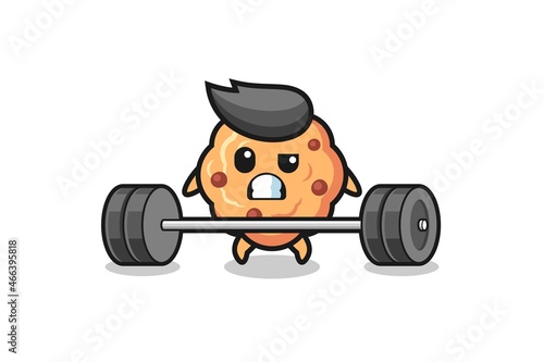 cartoon of chocolate chip cookie lifting a barbell © heriyusuf