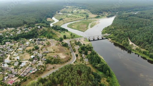 Beautiful town of Merkine with bridge of river Nemumas, aerial drone vew photo