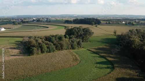 Aerial view of contour farming, alternating fields of corn and alfalfa to prevent soil runoff and erosion. photo