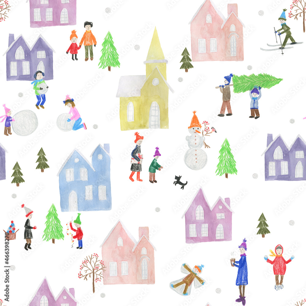 Hand drwan winter pattern, people and children are preparing for the new year, decorating a festive Christmas tree