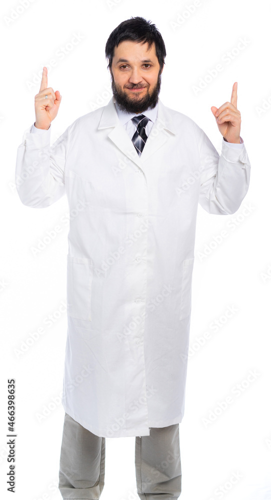 the doctor looks at us affectionately and points up. place for an inscription. isolated. White background the doctor looks at us affectionately and points up. place for an inscription. isolated. White background