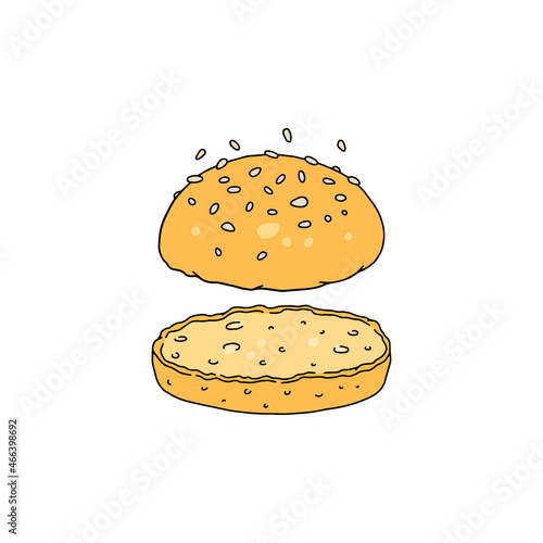 Burger bun with sesame in colored sketch style, vector illustration isolated on white background.