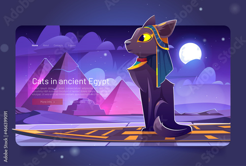 Cat in ancient Egypt cartoon landing page. Goddess Bastet sitting at palace floor front of Pharaoh pyramids in night Sahara desert. sacred animal, feline Egyptian deity character, Vector web banner