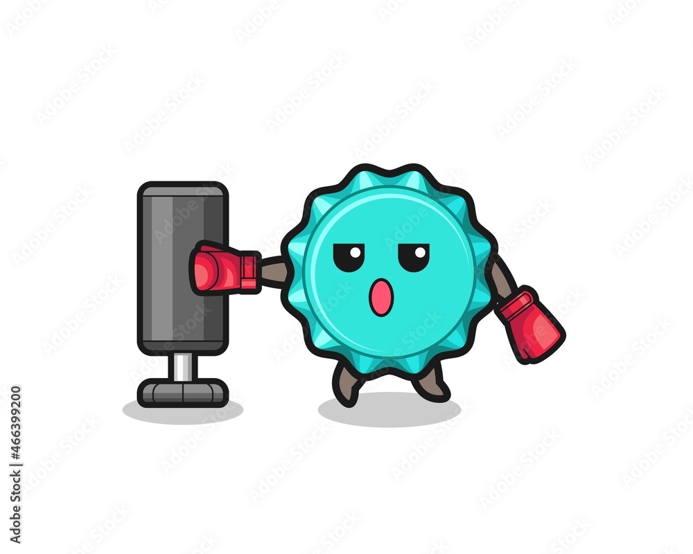 bottle cap boxer cartoon doing training with punching bag bottle cap boxer cartoon doing training with punching bag