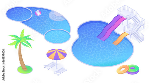Isometric swimming pool, slides, palm tree and umbrella with chaise lounges, inflatable rings and ball. Summer beach or hotel items for waterpark fun entertainment, 3d vector illustration, icons set