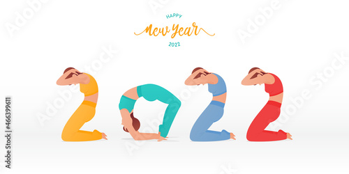 Happy New Year 2022 banner with yoga poses or asana posture. Year of good health. Banner design template for New Year 2022 decoration in Yoga Concept.
