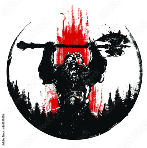 A brutal muscular Viking in a hood with the head of a wolf, raises his huge axe up, he is an experienced bearded warrior. against the background of a bloody textural trail. 2d expressive blob art