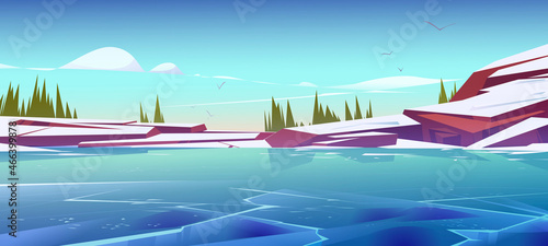 Frozen pond or lake scenery nature landscape. Winter view with rocks, fir-trees and gulls in blue sky. Water surface covered with slippery ice tranquil panoramic background Cartoon vector illustration