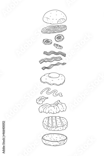 Set of ingredients for burger or english muffin for breakfast. Layered hamburger hand drawn sketch.