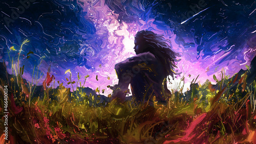 A young girl sits in the middle of a large glade of magical flowers and looks into infinity  against the background of the night sky with an incredible number of bright stars. 2d oil illustration