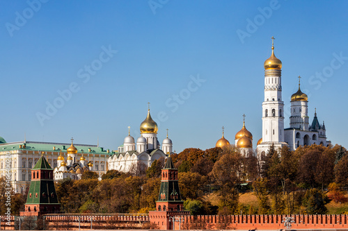 Ivan the Great Bell Tower, Cathedral Square Moscow Kremlin, Assumption belfry in Moscow Kremlin over blue sky