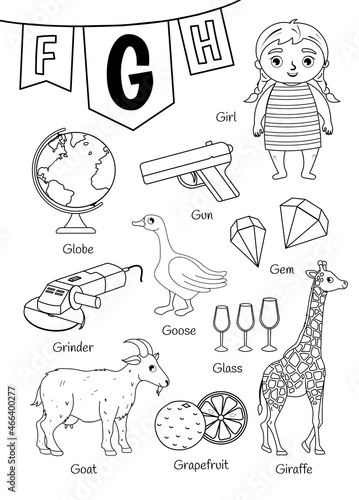 English alphabet with cartoon cute children illustrations. Kids learning material. Letter G. Illustration,girl, gun, globe, goat, giraffe, goose. Outline collection.
