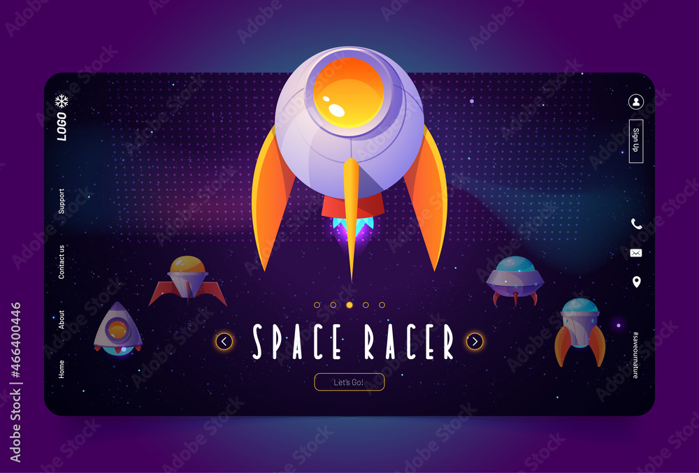 Space racer game cartoon landing page with alien spaceships, rockets, ufo, fantasy shuttles. Computer shooter, galaxy battle videogame with cosmic funny spaceships Vector web banner graphic design - obrazy, fototapety, plakaty 