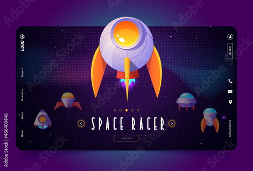 Space racer game cartoon landing page with alien spaceships, rockets, ufo, fantasy shuttles. Computer shooter, galaxy battle videogame with cosmic funny spaceships Vector web banner graphic design