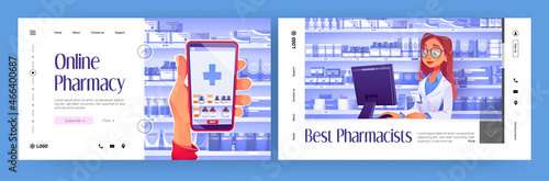 Online pharmacy cartoon landing pages, hand holding smartphone with application for ordering medicines in internet. Pharmacist in drugstore near shelf with pills, medicals products vector web banners