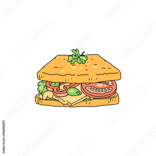 Sandwich or toast with cheese and vegetables, vector illustration isolated.