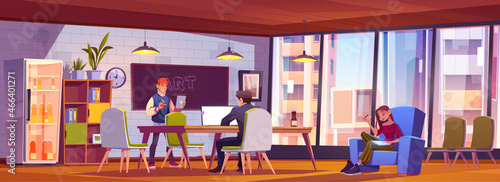 People in loft coworking office develop business idea or art project, teamwork, brainstorm concept. Relaxed creative team sitting at desk and armchairs in working space, Cartoon vector illustration