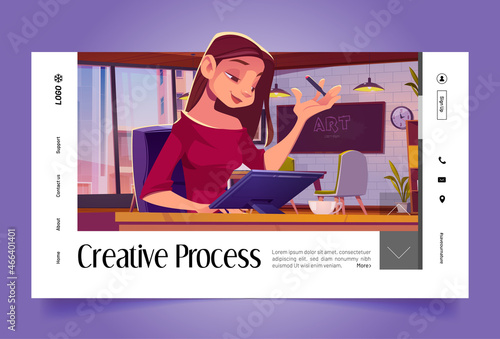 Creative process cartoon landing page. Woman working in loft office sitting at desk with graphic tablet front of wide floor-to-ceiling window develop art project at workplace, Vector web banner