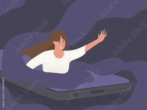 women character drowning in social media phone illustration