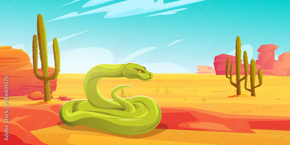 Green pit viper, exotic snake in desert. Vector cartoon illustration of desert landscape with hot sand, mountains, cactuses and wild serpent with coiled long tail Stock Vector | Adobe Stock Green pit viper, exotic snake in desert. Vector cartoon illustration of desert landscape with hot sand, mountains, cactuses and wild serpent with coiled long tail Stock Vector | Adobe Stock