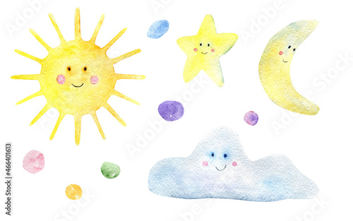 Collection of watercolor cute sun, moon, star and cloud illustrations. Isolated on white backdrop. 