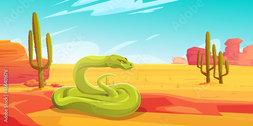 Green pit viper, exotic snake in desert. Vector cartoon illustration of desert landscape with hot sand, mountains, cactuses and wild serpent with coiled long tail