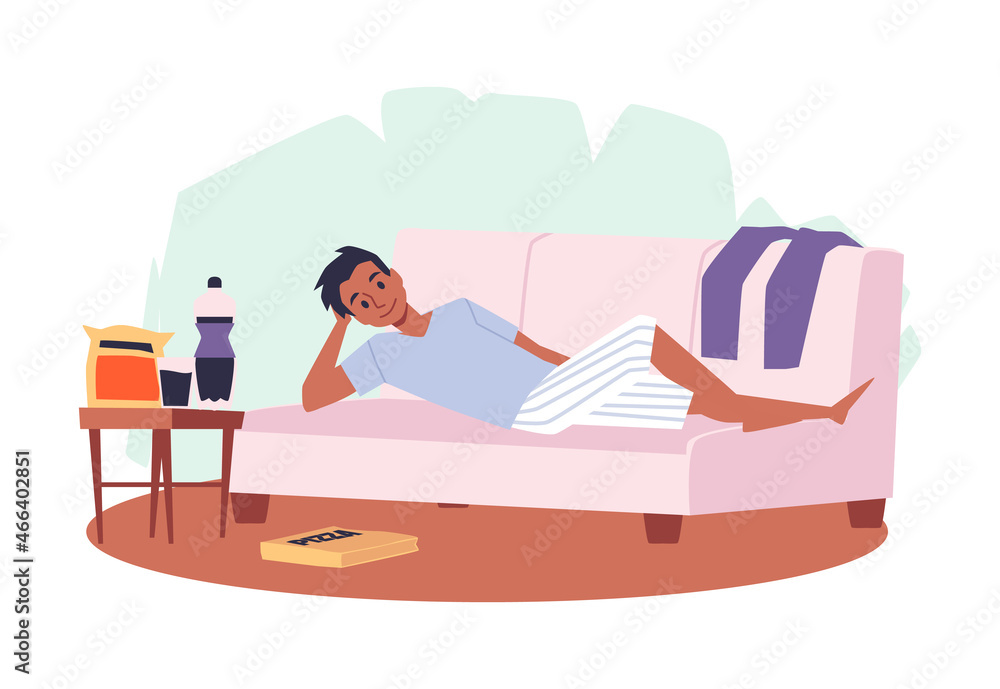 Fototapeta premium Young male lay on couch eating junk food pizza, chips and soda.Man has his lazy rest time, messy clothes around his home