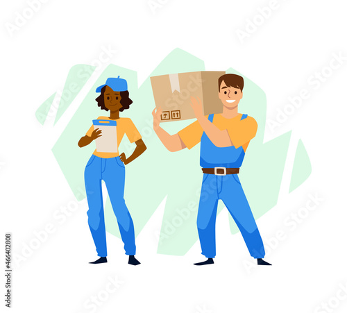 Movers team with cardboard box, black female and strong white man isolated on white background.