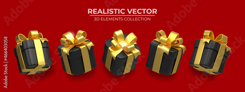Set of Realistic 3d black gift box with golden ribbons isolated on a red background 3d render flying modern holiday surprise box. Festive decorative 3d render object Realistic vector celebration decor