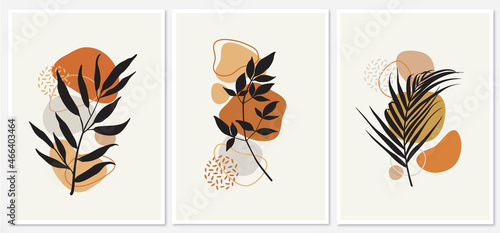 wall art vector set. Foliage line art drawing with abstract shape. Abstract Plant Art design for print, cover, wallpaper, Minimal and natural wall art. Vector illustration.