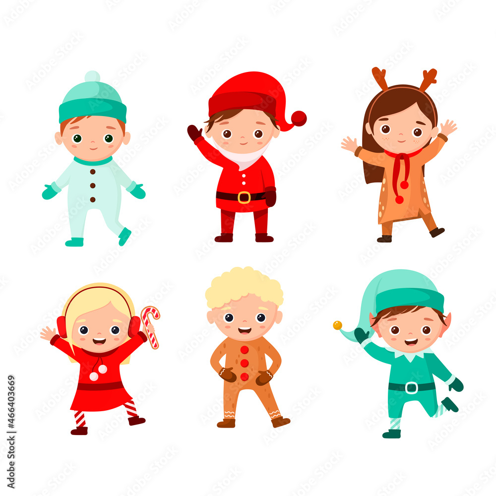A set of funny kids in Christmas costumes. Flat design.
A set of funny kids in Christmas costumes. Flat design.