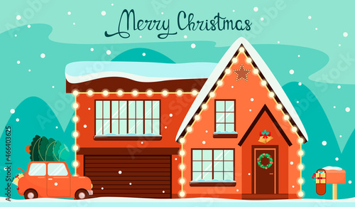 Country house with Christmas decor. A holiday card. Flat design.