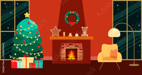 Christmas interior of the living room with fireplace. Cozy home. Flat design.