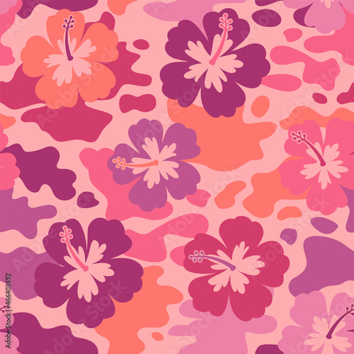 Hibiscus camouflage seamless pattern background.