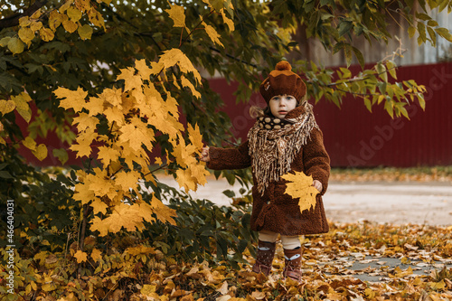 A dreamy little girl in a brown beret and autumn clothes on an autumn background. A smiling child is playing in the autumn park.